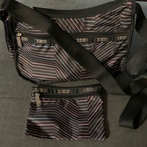 LeSportsac Black and Pink Diagonal Stripe Bag Set